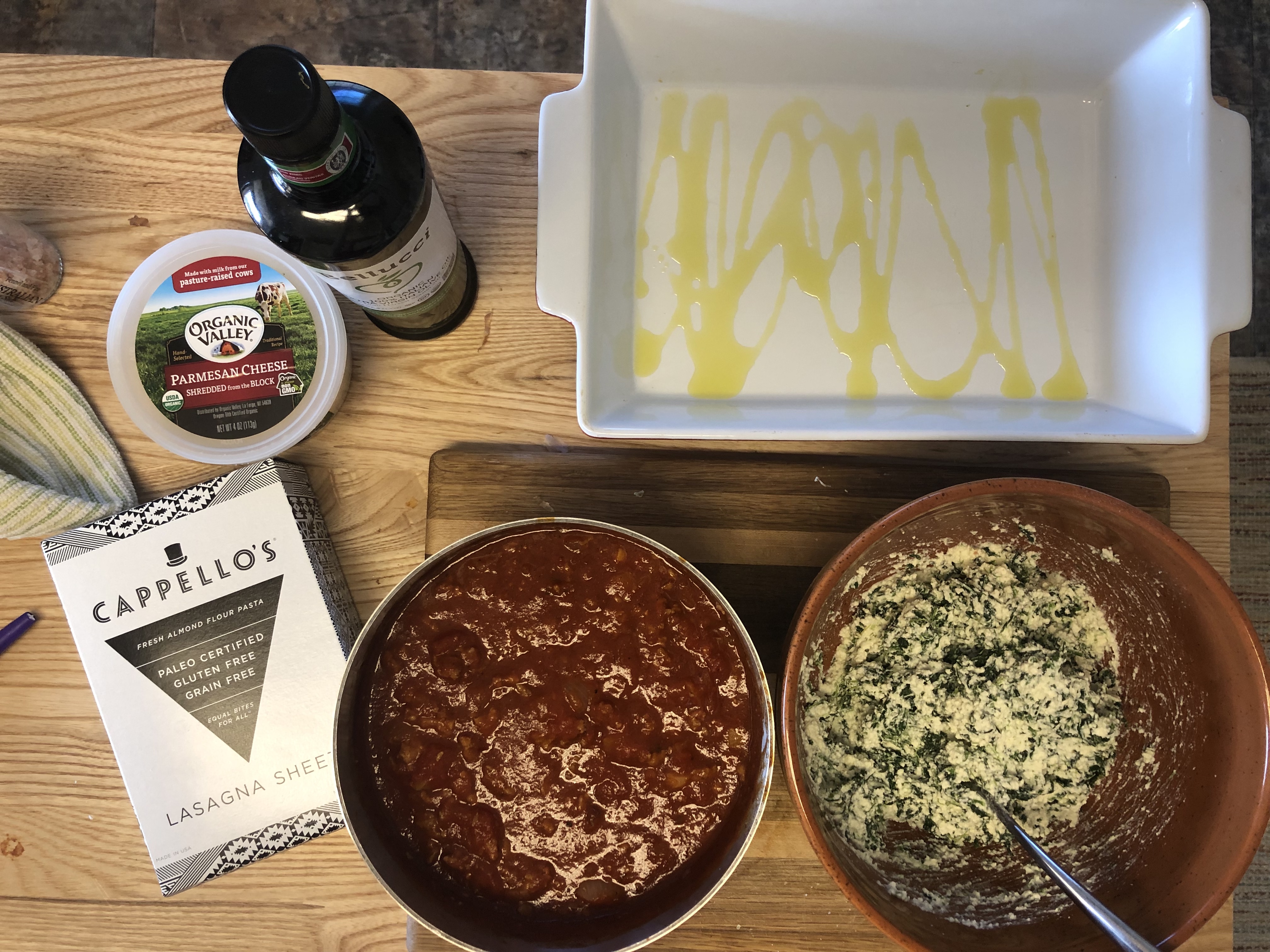 Lasagna assembly showing all ingredients